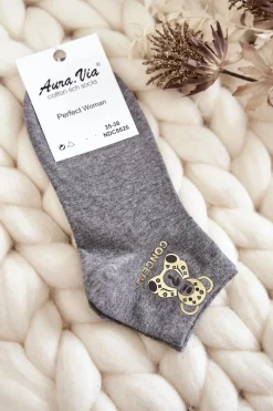 Skarpetki|Skarpetki>Aura.via Damskie Bawełniane Skarpetki Ze Złotym Misiem Szare