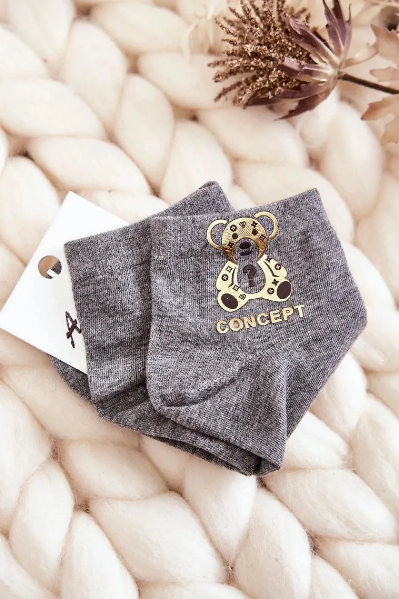 Skarpetki|Skarpetki>Aura.via Damskie Bawełniane Skarpetki Ze Złotym Misiem Szare
