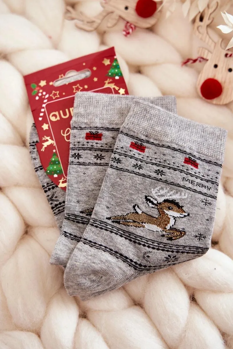 Skarpetki|Skarpetki>Aura.via Damskie Bawełniane Świąteczne Skarpety Renifery Szare