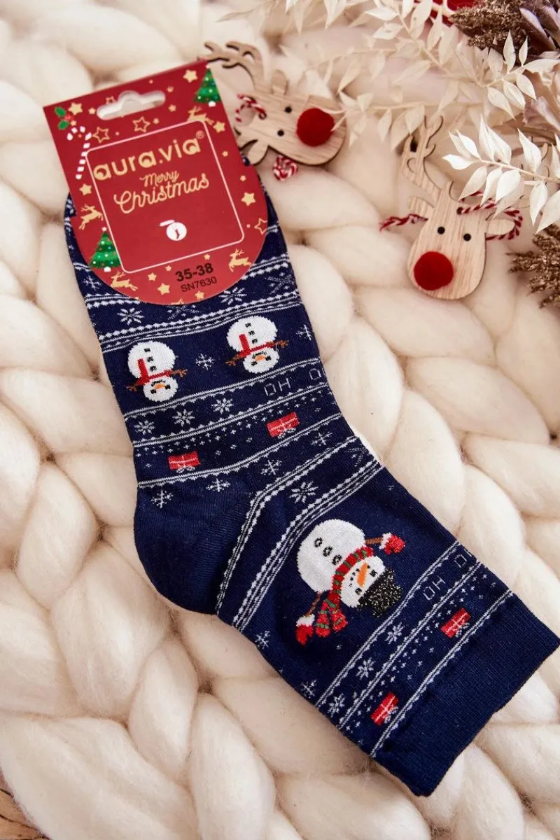 Skarpetki|Skarpetki>Aura.via Damskie Bawełniane Świąteczne Skarpety Bałwanki Granatowe
