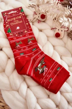 Outlet Damskie Bawełniane Świąteczne Skarpety Renifery Czerwone Skarpetki|Skarpetki
