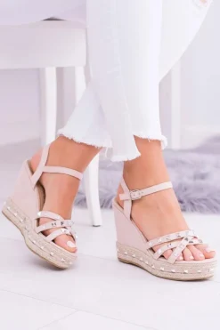 Sandały Na Koturnie>Boto Damskie Beżowe Sandały Na Koturnie Ćwieki Amare