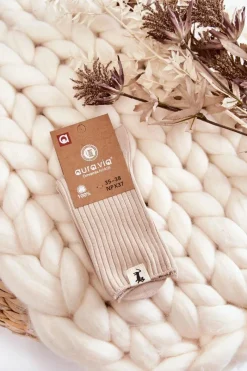 Aura.via Damskie Bezuciskowe Prążkowane Skarpetki Beżowe