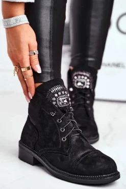 Czarne Botki|Botki Zimowe Damskie>Boto Damskie Botki Ciepłe Zamszowe Kryształki Czarne Hondus