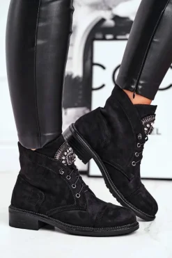 Czarne Botki|Botki Zimowe Damskie>Boto Damskie Botki Ciepłe Zamszowe Kryształki Czarne Hondus