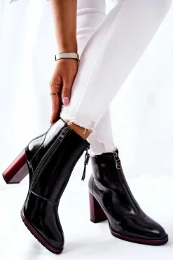 Outlet Damskie Botki Czarne Lakierowane na Słupku Cofton Damskie Botki Na Słupku|Czarne Botki