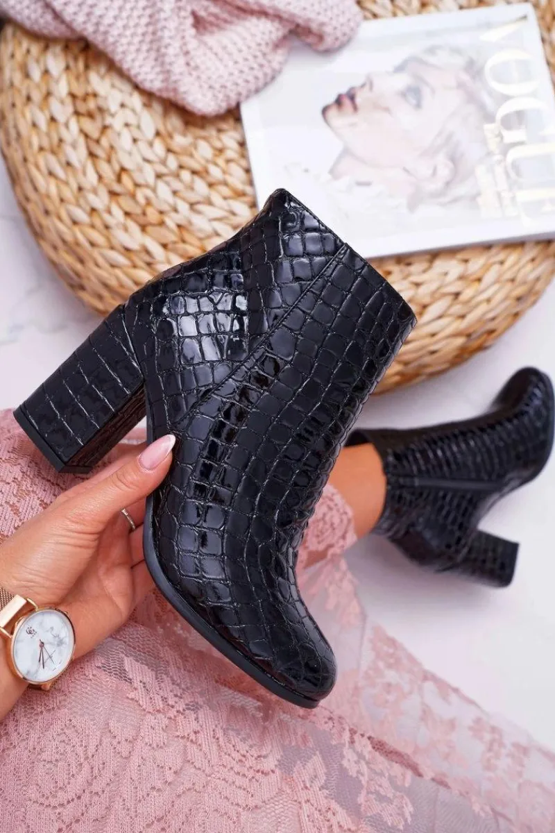 Damskie Botki Czarne Skóra Krokodyla Crocodil Damskie Botki Na Słupku|Botki Zimowe Damskie