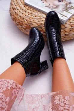 Damskie Botki Czarne Skóra Krokodyla Crocodil Damskie Botki Na Słupku|Botki Zimowe Damskie