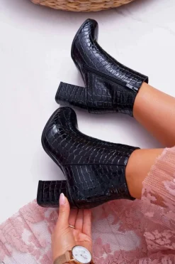 Damskie Botki Czarne Skóra Krokodyla Crocodil Damskie Botki Na Słupku|Botki Zimowe Damskie