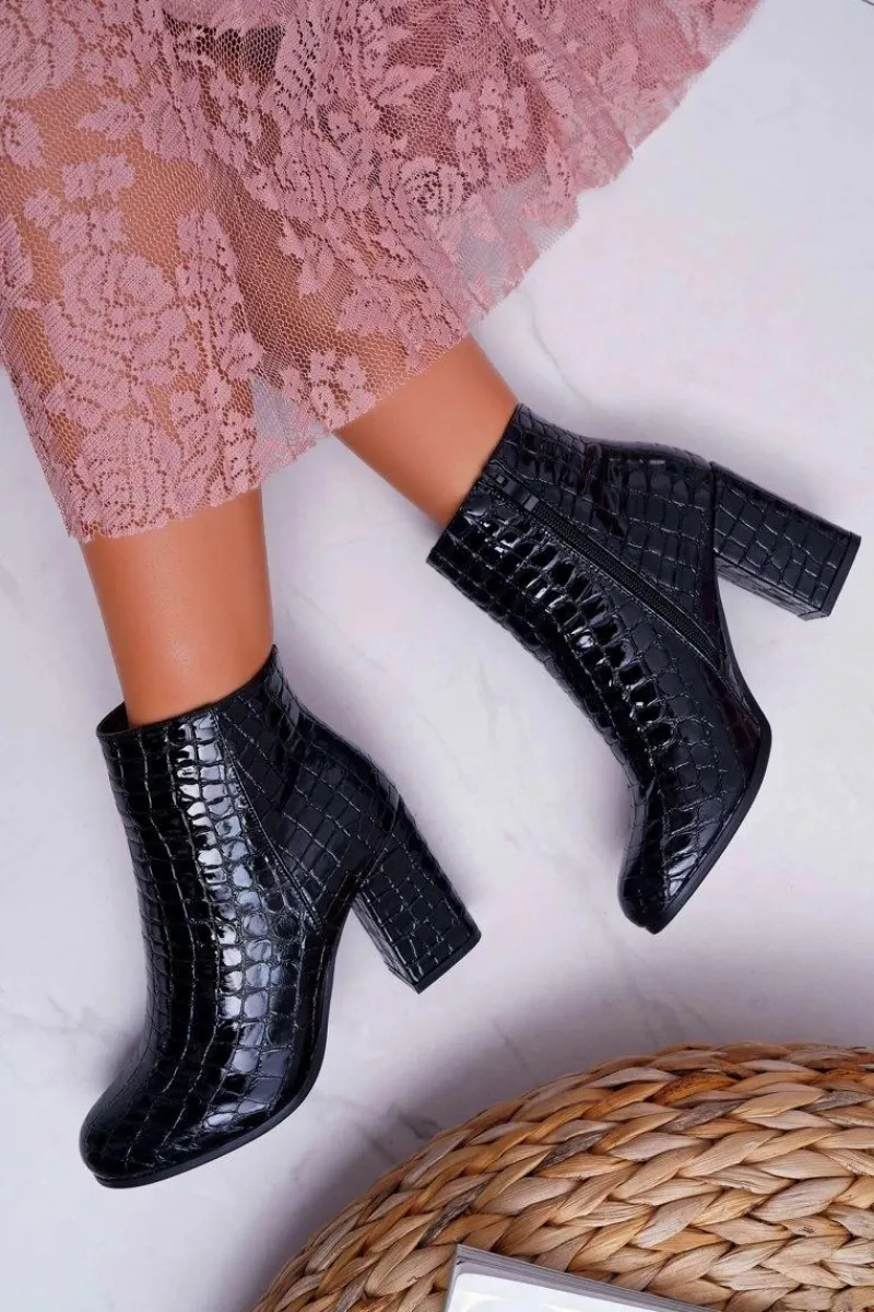 Damskie Botki Czarne Skóra Krokodyla Crocodil Damskie Botki Na Słupku|Botki Zimowe Damskie