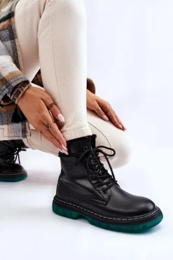 Botki Ocieplane|Botki Sznurowane>Evento Damskie Botki Glany Sznurowane Z Zieloną Podeszwą Czarne Trinah
