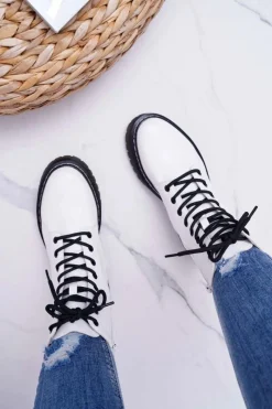 Damskie Botki Glany Workery Białe Barski 56-5 Damskie Botki Sznurowane|Botki Zimowe Damskie