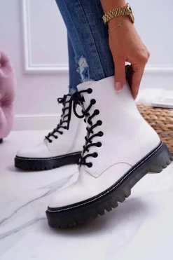 Damskie Botki Glany Workery Białe Barski 56-5 Damskie Botki Sznurowane|Botki Zimowe Damskie