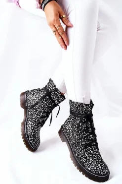 Sale Maciejka Damskie Botki Glany Workery Czarno-Białe 01609-48