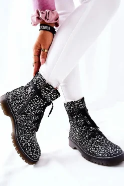 Sale Maciejka Damskie Botki Glany Workery Czarno-Białe 01609-48