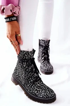 Sale Maciejka Damskie Botki Glany Workery Czarno-Białe 01609-48