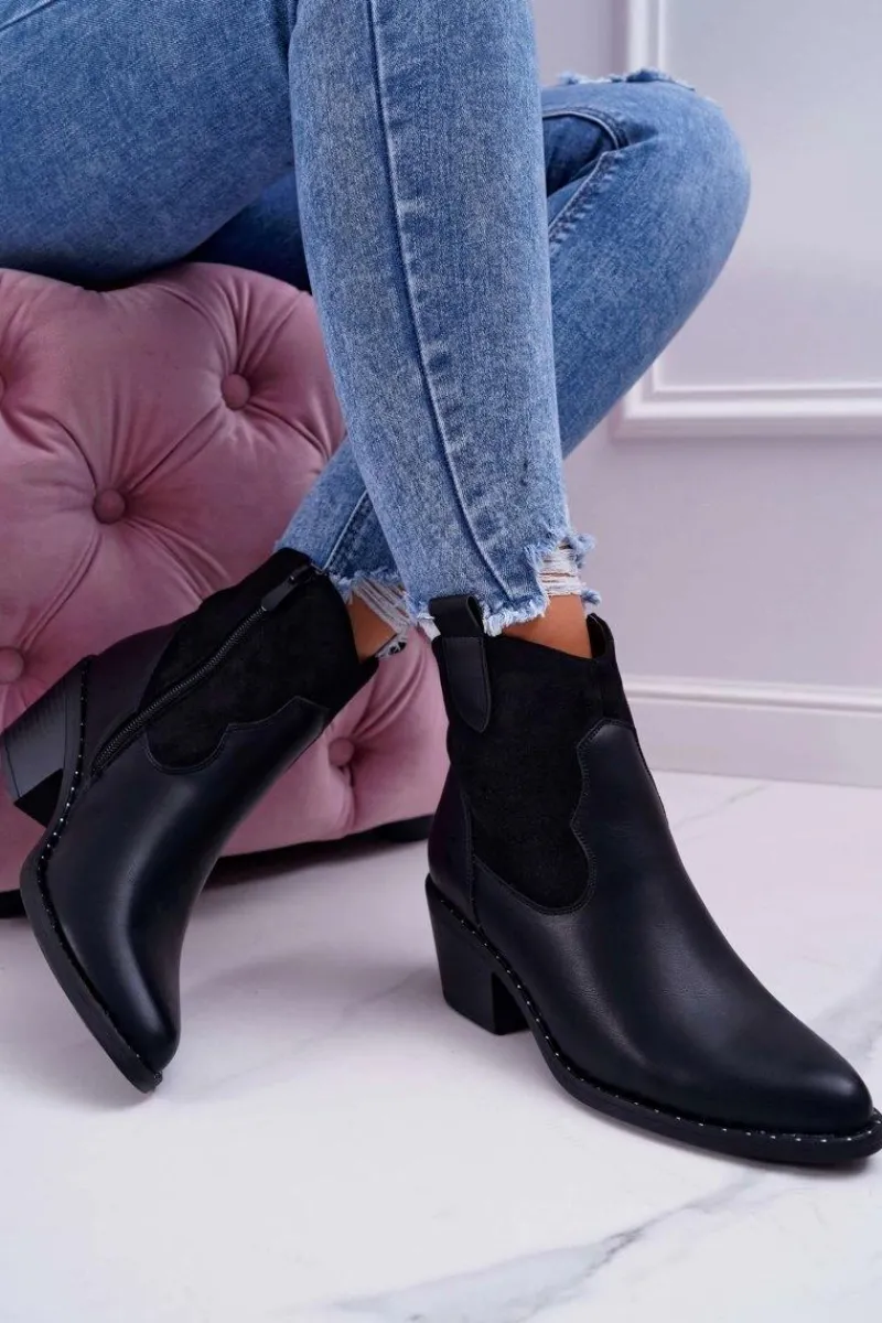 Botki Zimowe Damskie|Botki Na Obcasie>Damskie buty S.Barski Damskie Botki Kowbojki Czarne Barski 30-20