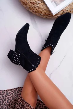 Botki Zamszowe|Botki Płaskie>Boto Damskie Botki Kowbojki Płaski Obcas Czarne Fine