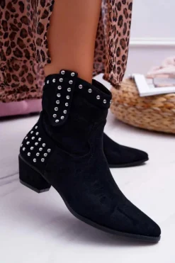 Botki Zamszowe|Botki Płaskie>Boto Damskie Botki Kowbojki Płaski Obcas Czarne Fine
