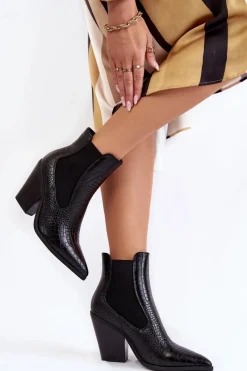 Hot Damskie Botki Kowbojki Wężowe Czarne Warren Damskie Botki Na Słupku|Czarne Botki