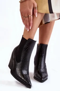 Hot Damskie Botki Kowbojki Wężowe Czarne Warren Damskie Botki Na Słupku|Czarne Botki