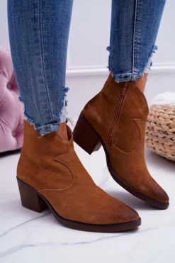 Discount Damskie Botki Kowbojki Zamszowe Camel Barski 1638 Damskie Botki Na Słupku|Botki Zimowe Damskie