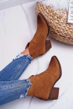 Discount Damskie Botki Kowbojki Zamszowe Camel Barski 1638 Damskie Botki Na Słupku|Botki Zimowe Damskie