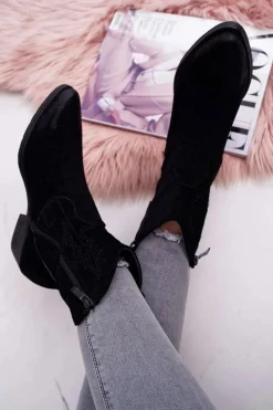 Clearance Damskie Botki Kowbojki Zamszowe Czarne Ferders Damskie Botki Zimowe Damskie|Brązowe I Beżowe Botki