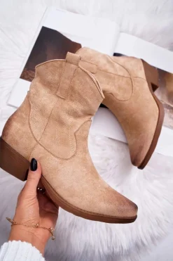 Botki Zimowe Damskie|Brązowe I Beżowe Botki>Boto Damskie Botki Kowbojki Zamszowe Beżowe Ferders