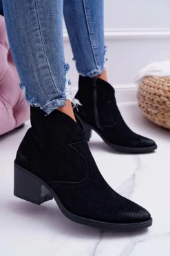 Damskie buty S.Barski Damskie Botki Kowbojki Zamszowe Czarne Barski 1638