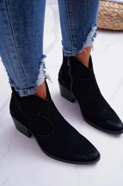Damskie buty S.Barski Damskie Botki Kowbojki Zamszowe Czarne Barski 1638