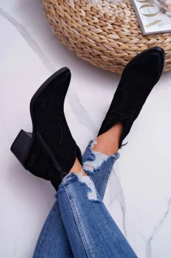 Damskie buty S.Barski Damskie Botki Kowbojki Zamszowe Czarne Barski 1638