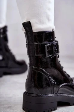 Outlet Damskie Botki Lakierowane Sznurowane Na Płaskim Obcasie Czarne Firmina Damskie Botki Ocieplane|Botki Sznurowane