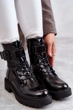 Outlet Damskie Botki Lakierowane Sznurowane Na Płaskim Obcasie Czarne Firmina Damskie Botki Ocieplane|Botki Sznurowane