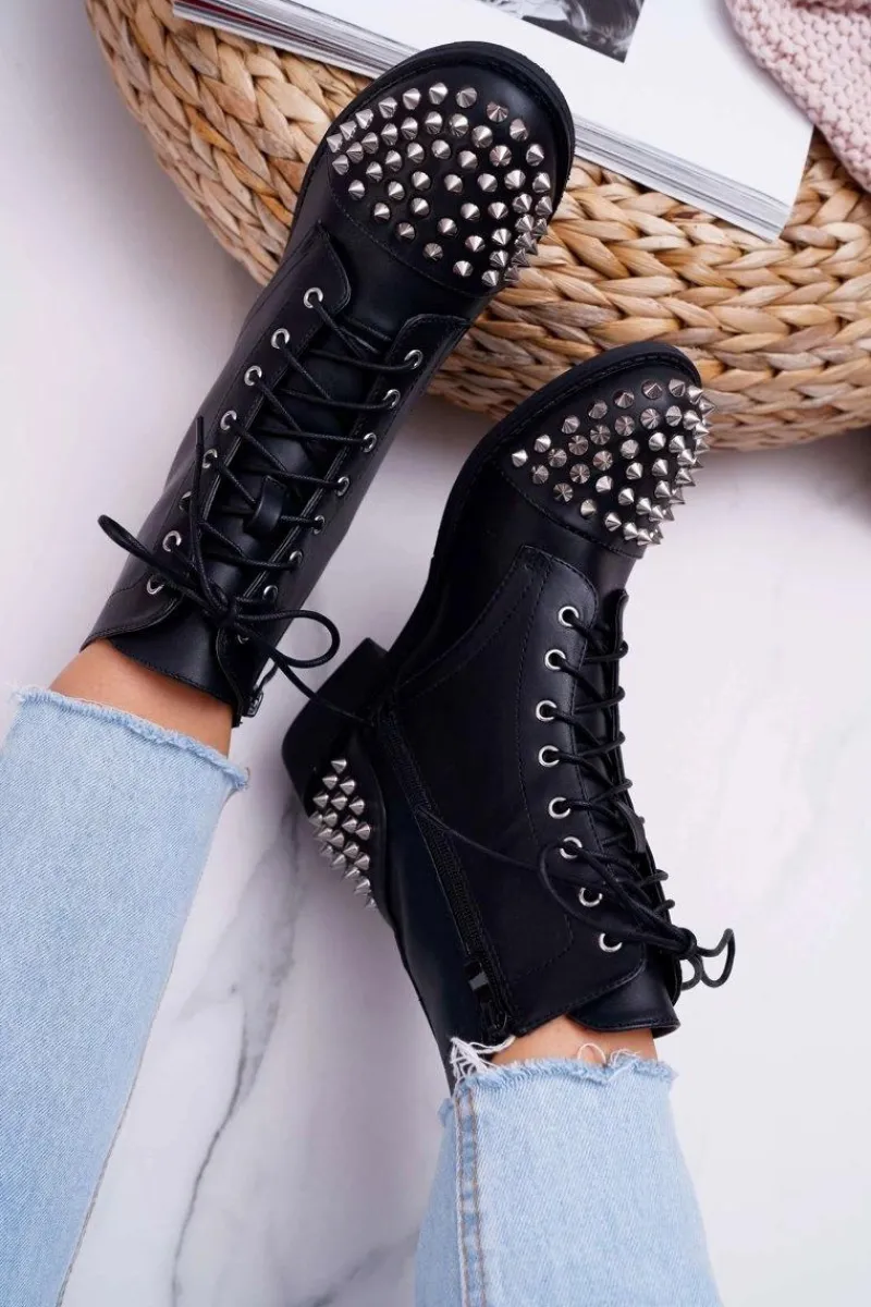 Hot Boto Damskie Botki Lu Boo Czarne Workery z Ćwiekami Tension