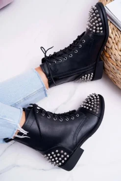 Hot Boto Damskie Botki Lu Boo Czarne Workery z Ćwiekami Tension