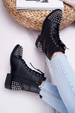 Hot Boto Damskie Botki Lu Boo Czarne Workery z Ćwiekami Tension