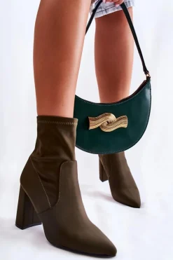 Discount Damskie Botki Materiałowe Na Obcasie Khaki Amile Damskie Botki Wiosenne|Botki Na Słupku