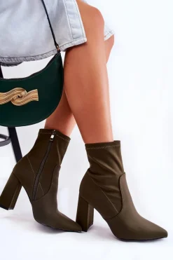 Discount Damskie Botki Materiałowe Na Obcasie Khaki Amile Damskie Botki Wiosenne|Botki Na Słupku