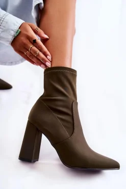 Discount Damskie Botki Materiałowe Na Obcasie Khaki Amile Damskie Botki Wiosenne|Botki Na Słupku