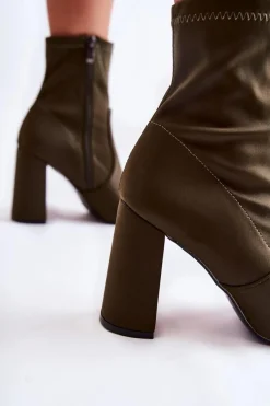 Discount Damskie Botki Materiałowe Na Obcasie Khaki Amile Damskie Botki Wiosenne|Botki Na Słupku