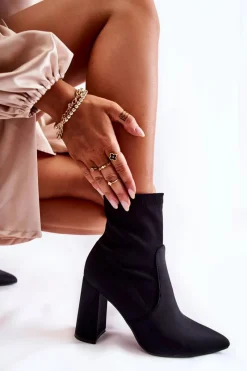 Clearance Boto Damskie Botki Materiałowe Na Obcasie Czarne Amile Czarny