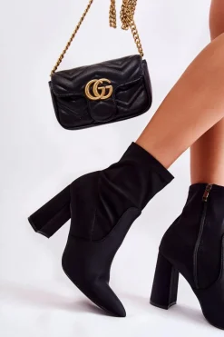 Clearance Boto Damskie Botki Materiałowe Na Obcasie Czarne Amile Czarny