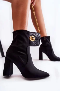 Clearance Boto Damskie Botki Materiałowe Na Obcasie Czarne Amile Czarny