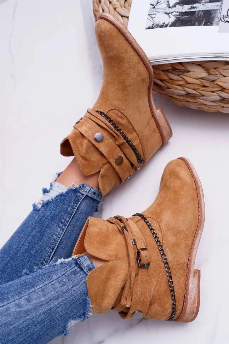 Best Damskie Botki Na Koturnie A3705 Camel Lucky Damskie Botki Na Koturnie|Brązowe I Beżowe Botki