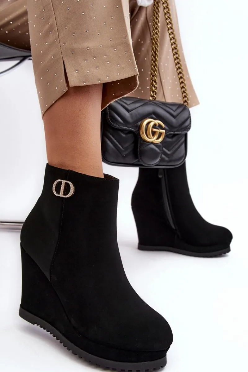 Sale Boto Damskie Botki Na Koturnie Z Małą Ozdobą Czarne Bertolina