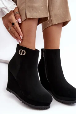 Sale Boto Damskie Botki Na Koturnie Z Małą Ozdobą Czarne Bertolina