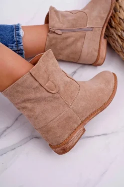 Outlet Damskie Botki Na Koturnie Beżowe Evana Damskie Botki Na Koturnie|Botki Zimowe Damskie