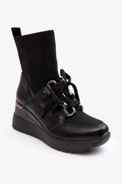 Best Damskie Botki Na Koturnie Ze Skarpetą Czarne Helladina Damskie Botki Na Koturnie|Czarne Botki