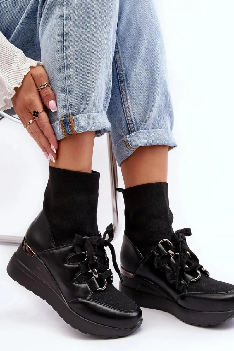 Best Damskie Botki Na Koturnie Ze Skarpetą Czarne Helladina Damskie Botki Na Koturnie|Czarne Botki